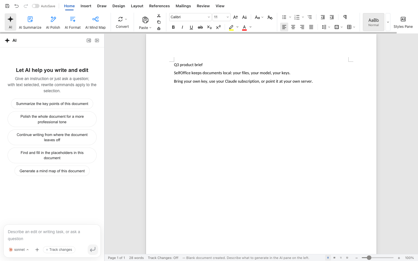 SelfOffice Docs with the AI panel open next to a document