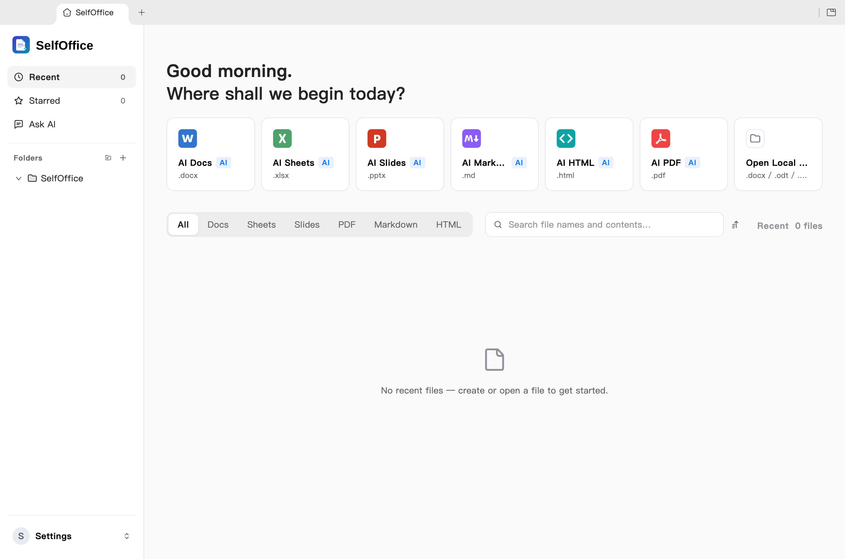 SelfOffice home with Docs, Sheets, Slides, Markdown, HTML and PDF
