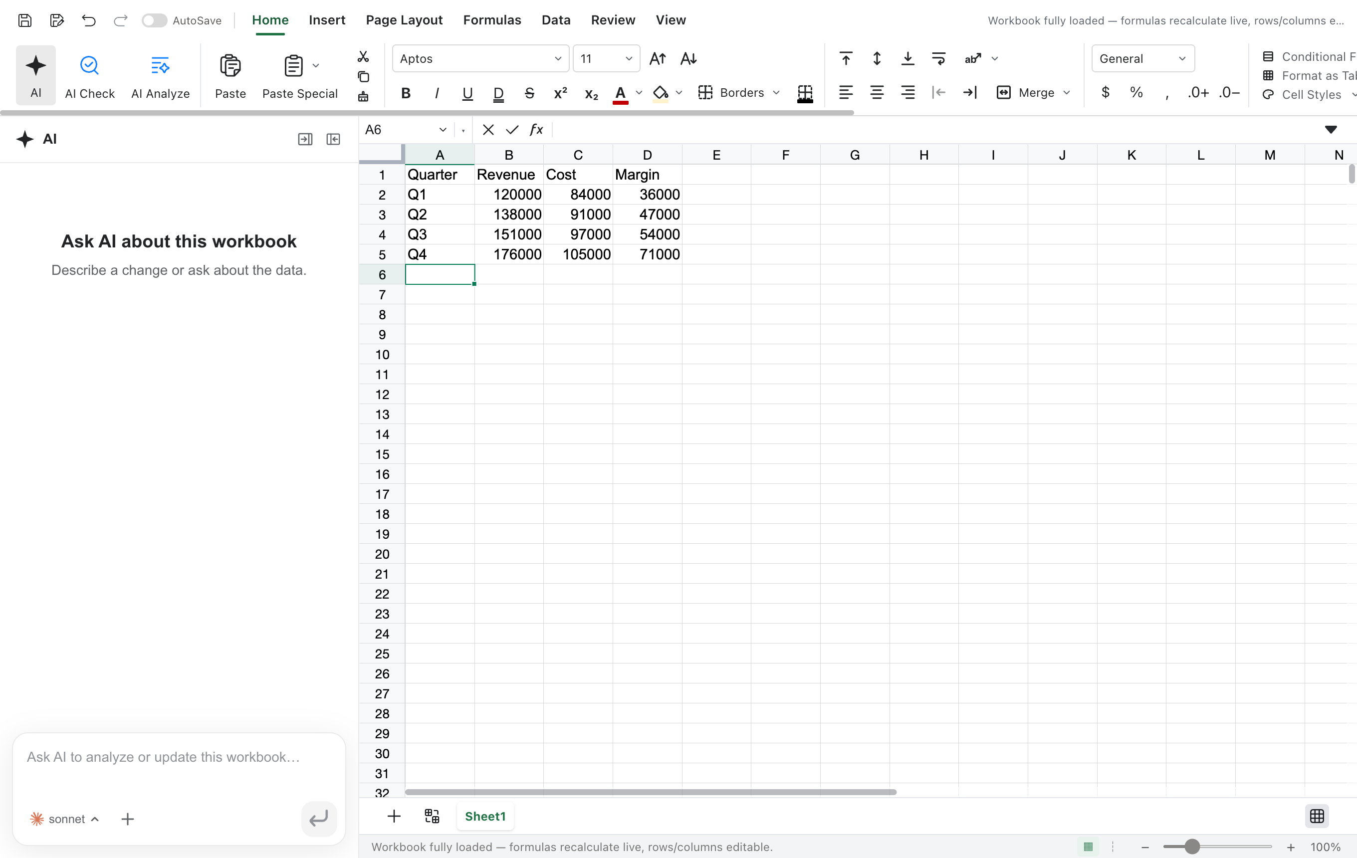 SelfOffice Sheets with a small revenue table